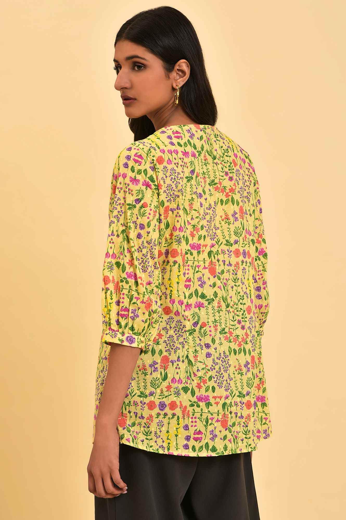 W For Woman Yellow Cotton Floral Printed Tunic Top With Thread Embroidery