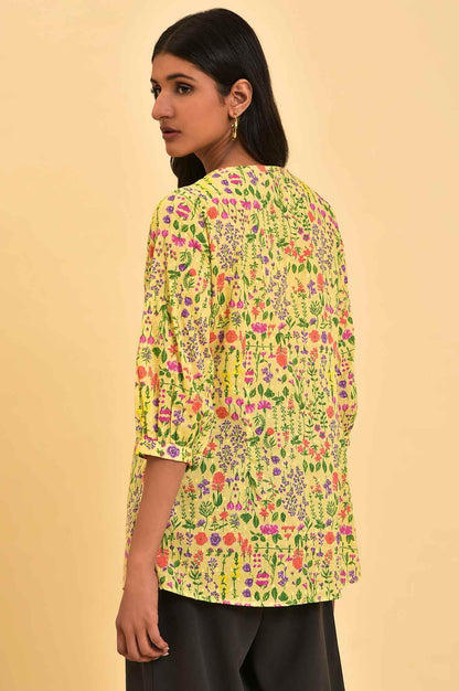 W For Woman Yellow Cotton Floral Printed Tunic Top With Thread Embroidery