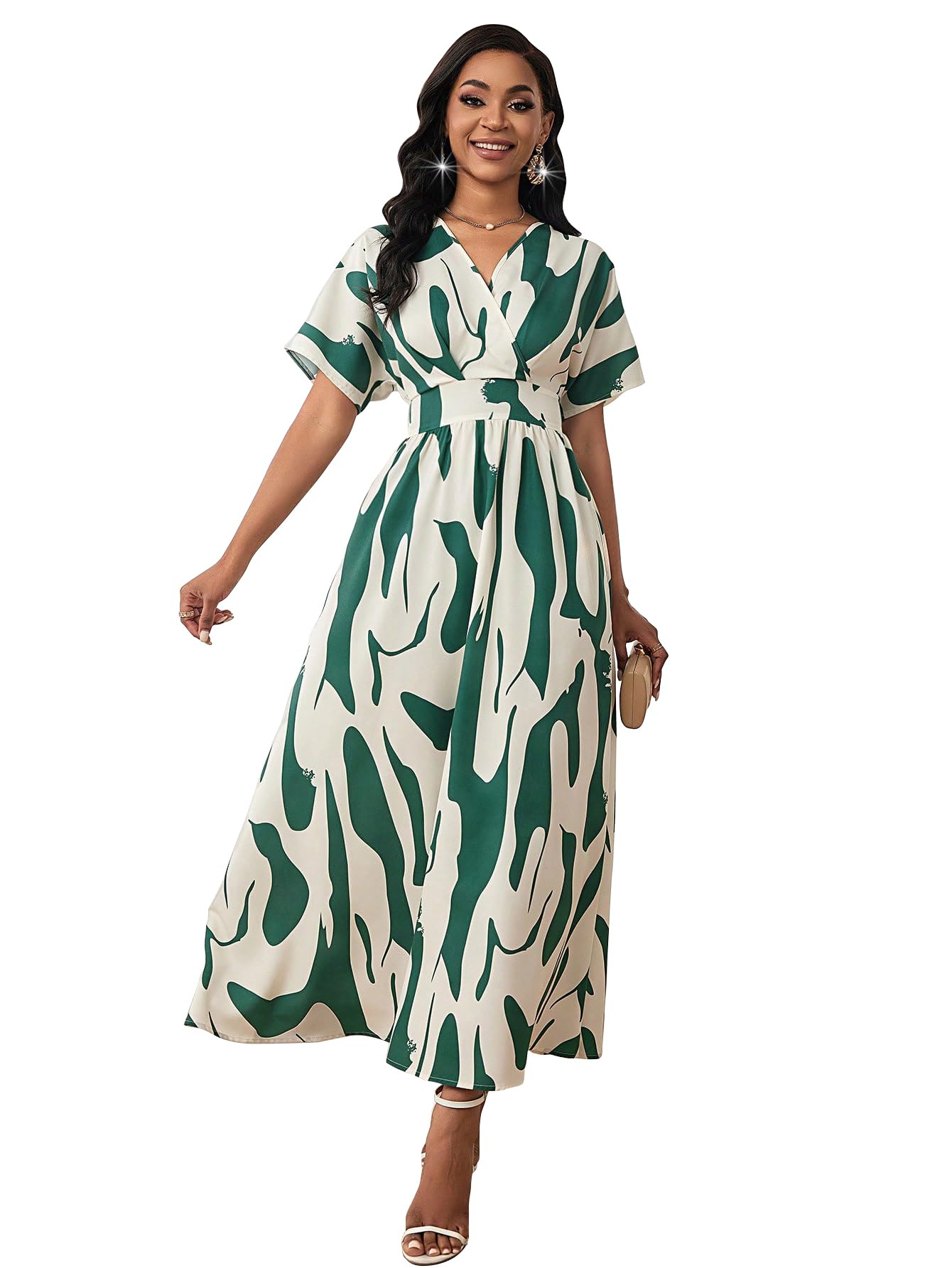 Shasmi WomenS & GirlS White Green V-Neck Printed Dress With Ruffled Hem And Belted Waist For Vacation, One Piece Maxi For Wome