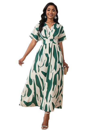 Shasmi WomenS & GirlS White Green V-Neck Printed Dress With Ruffled Hem And Belted Waist For Vacation, One Piece Maxi For Wome
