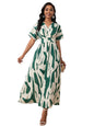 Shasmi WomenS & GirlS White Green V-Neck Printed Dress With Ruffled Hem And Belted Waist For Vacation, One Piece Maxi For Wome