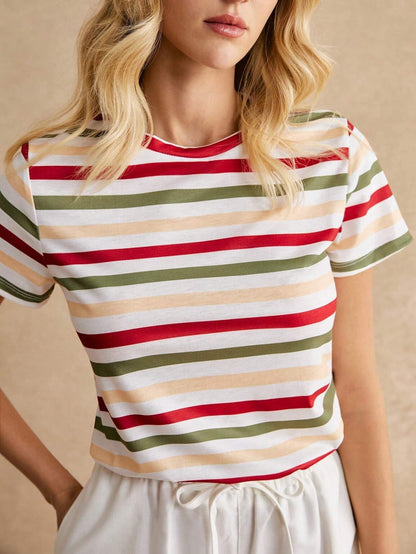 Toochki Tops for Woman | Spandex Top | T-Shirt | Tshirt | Western | for Jeans | Short Sleeve | Stretchable | Striped Printed Red