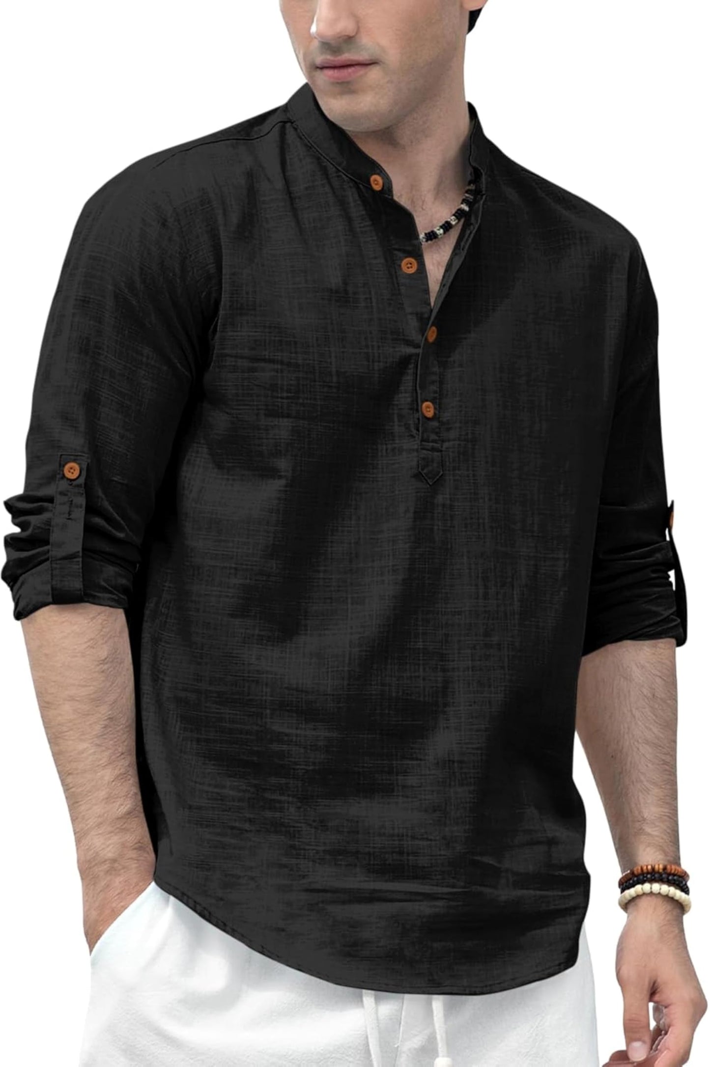 Zombom MenS Solid Cotton Blend Straight Kurta Shirt, Regular Fit Full Sleeve Short Kurta Shirt Black