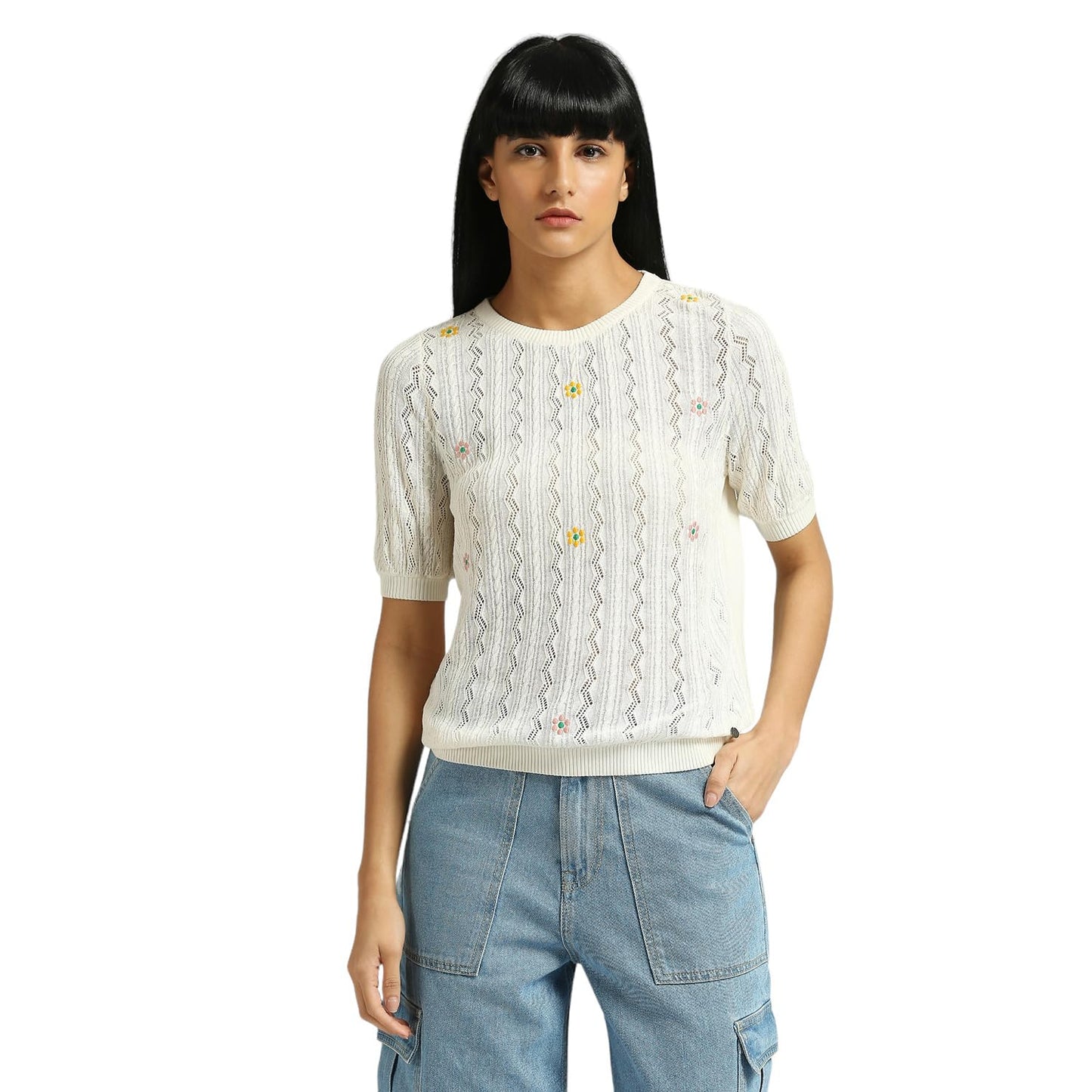 Perla Pointelle Self Design Top With Floral Embroidery