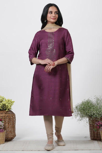 W for Woman Purple Festive Geometric Print Karnatka Silk Straight Kurta Set with Churidar & Dupatta