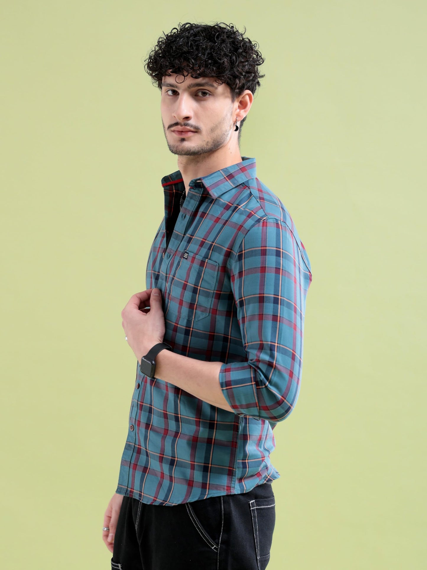 The Indian Garage Co Men Teal Checkered Slim Fit Cotton Casual Shirt