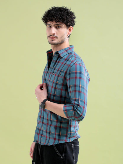 The Indian Garage Co Men Teal Checkered Slim Fit Cotton Casual Shirt