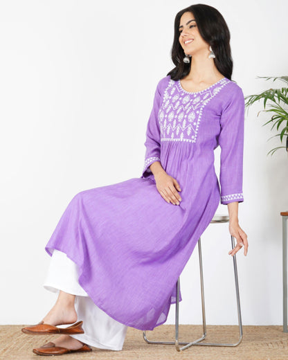 GoSriKi Women's Cotton Blend Embroidered Anarkali Kurta (Seat Purple-GS)