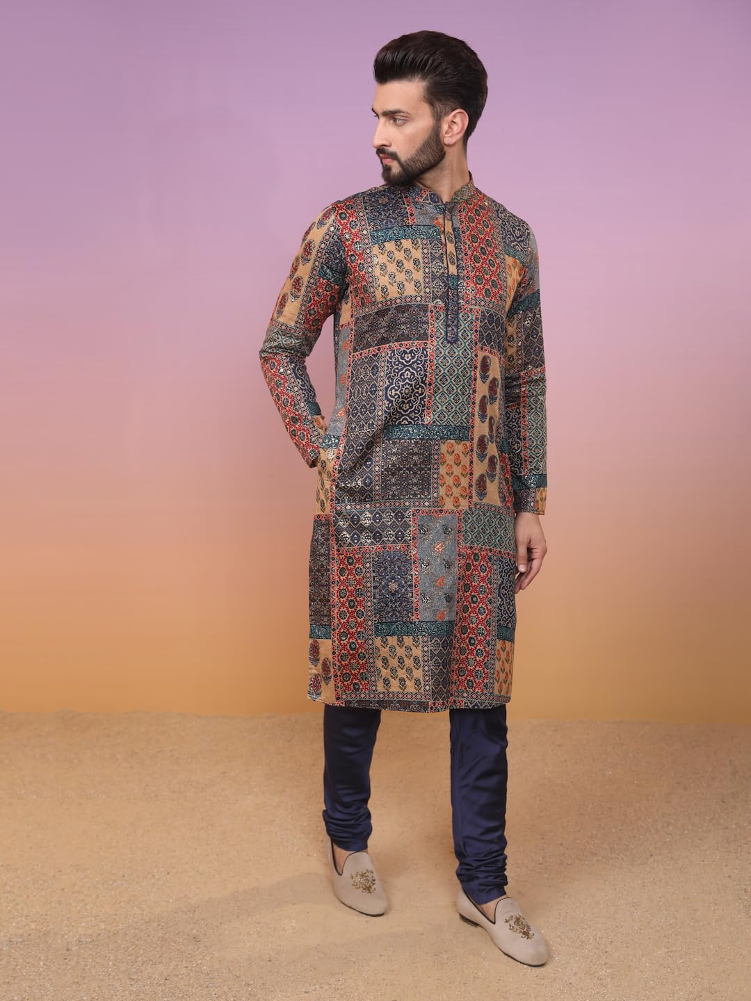 Kisah Men Multi-Color Kurta, Cotton, Full Sleaves, Knee Length, Straight, Regular Fit, Mandarin Collar Ethnic Wear