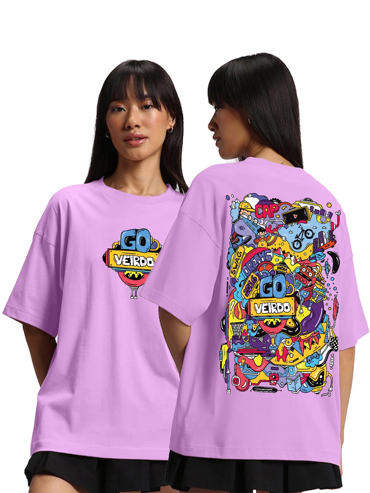 Veirdo Oversized Doodle Printed T-Shirt Women Oversized Cotton Short Sleeve Womens T-Shirt Attractive Over Si