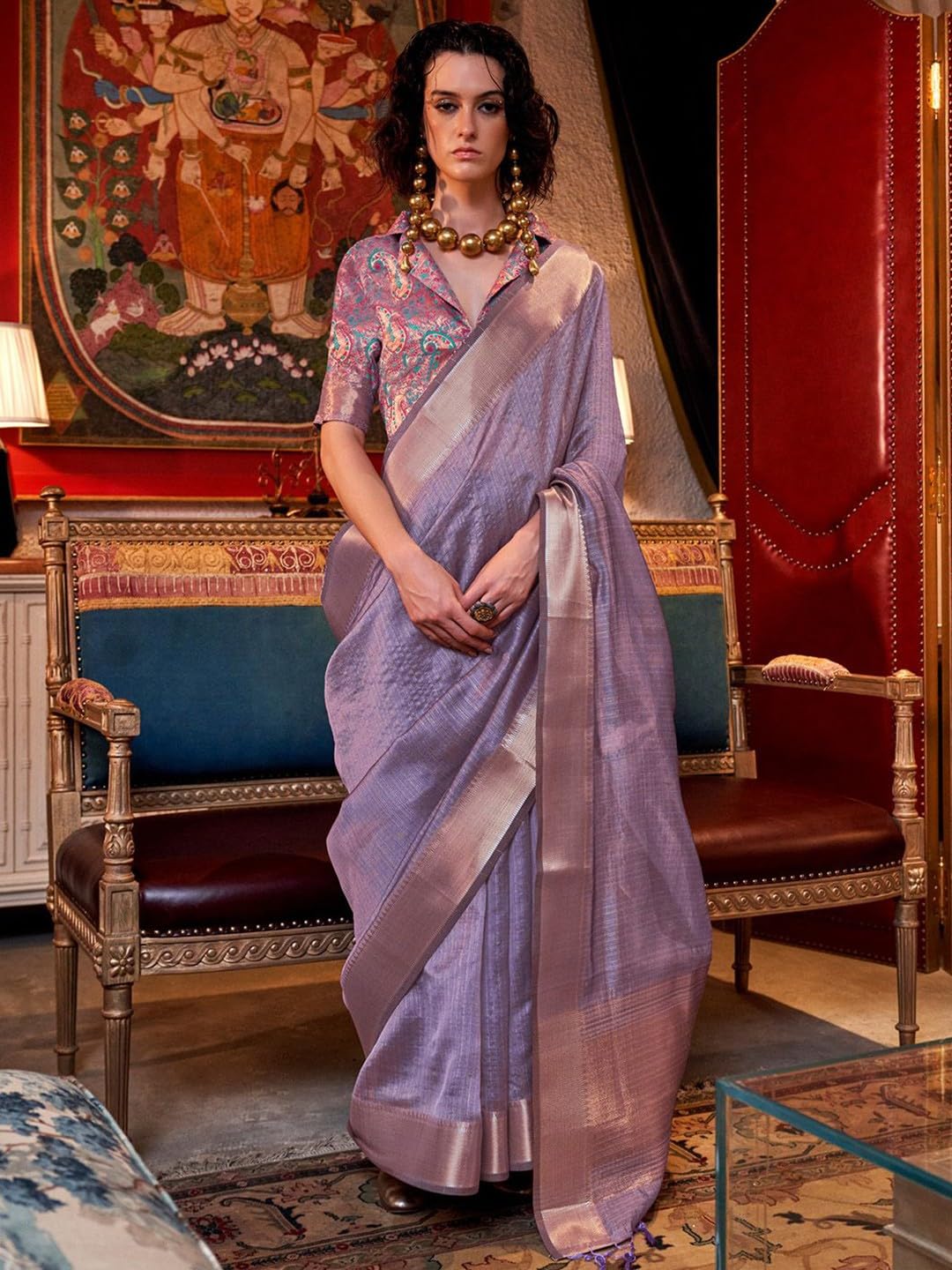 Madhuhansh Womens Soft Linen Saree With Unstitched Multicolor Paisley Blouse Piece Saree With Satin Border Comfortable Skin Frie
