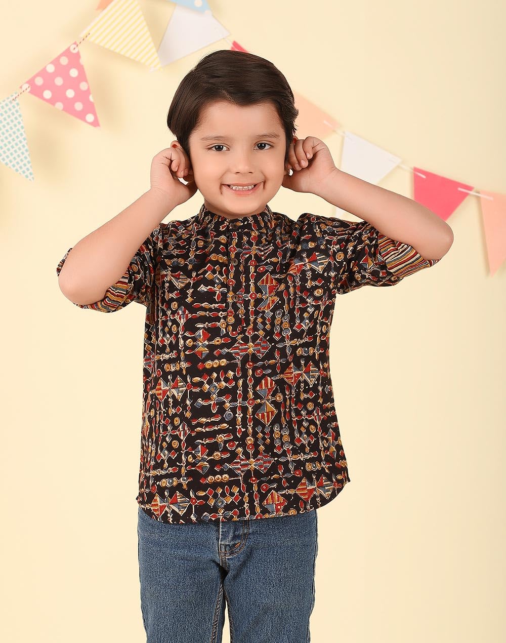 Fabindia Black Cotton Kalamkari Printed Short Kurta