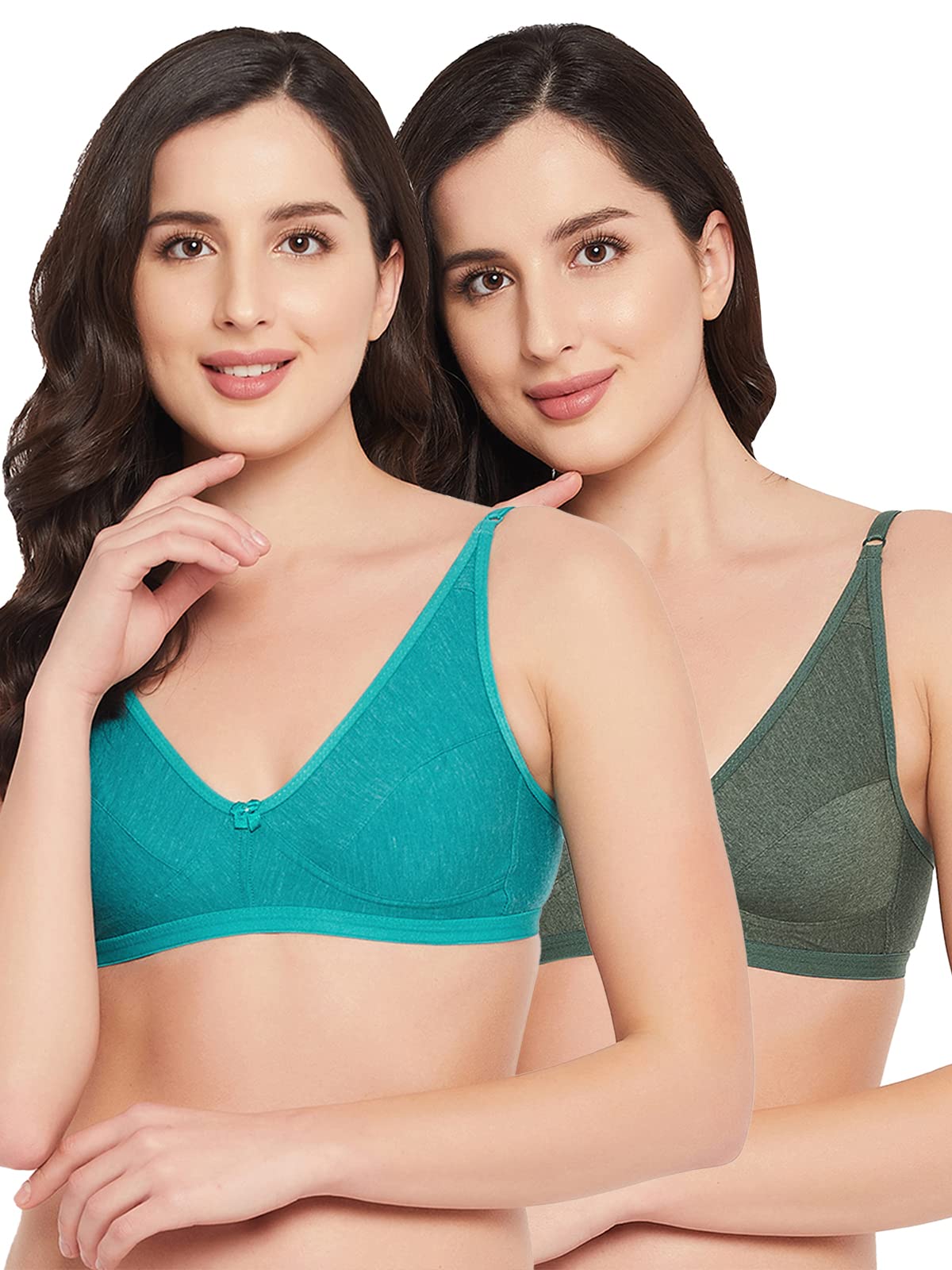 Clovia Womens Pack of 2 Cotton Non-Padded Non-Wired Demi Cup Bra (COMBRC941_Green & Teal_32C)