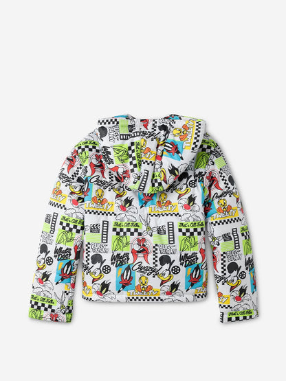 The Souled Store Looney Tunes: Old School Young Girls Long Sleeve Hooded Neck Polyester Puffer Jackets White