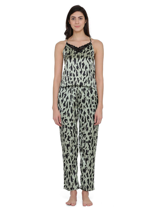 Clovia Womens Satin Animal Print Cami Top & Pyjama Set (NS1314R11_Green_XL)