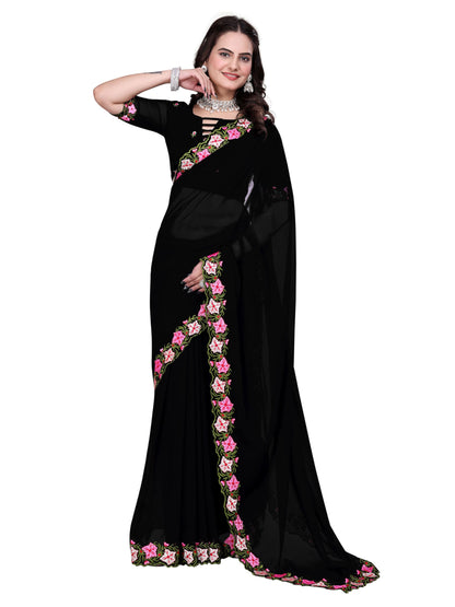 Suketa WomenS Soft Georgette Saree With Floral Printed Border Unstitched Blouse Piece Solid Pattern | Saree For Woman Daily Wear