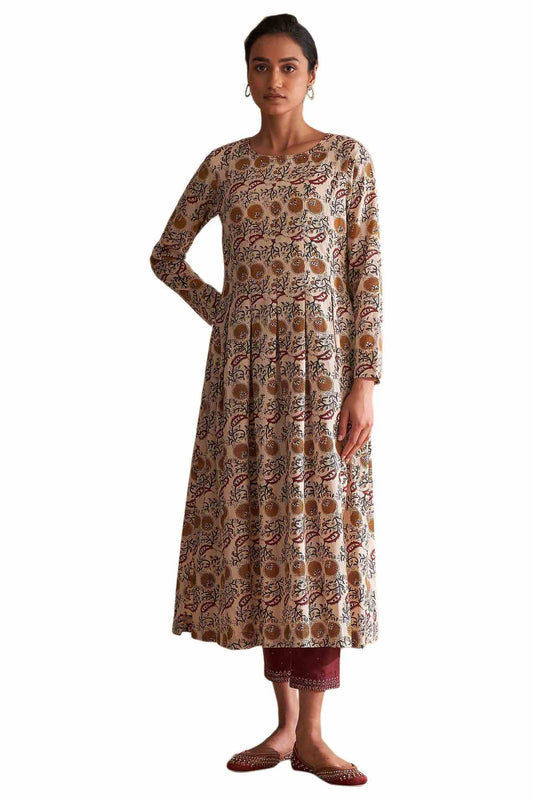 W for Woman Beige Block Print Pleated Longline Kurta