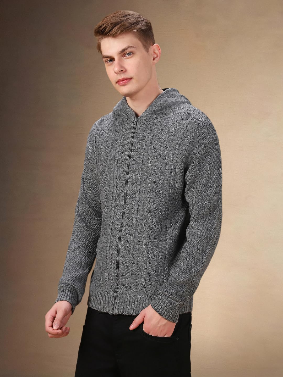 Dennis Lingo Men Solid Acrylic Regular Fit Full Sleeves Cardigan Sweater Grey Melange