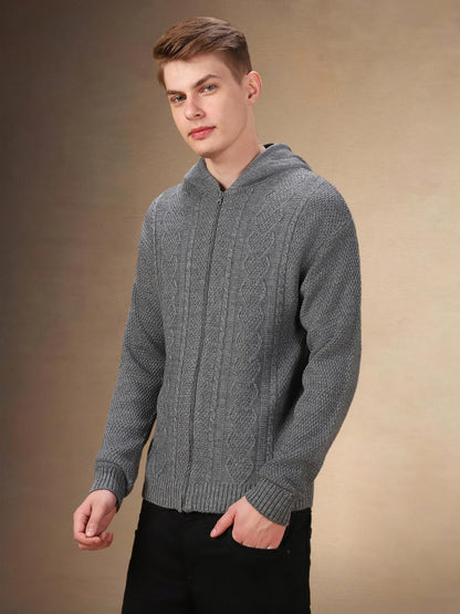 Dennis Lingo Men Solid Acrylic Regular Fit Full Sleeves Cardigan Sweater Grey Melange