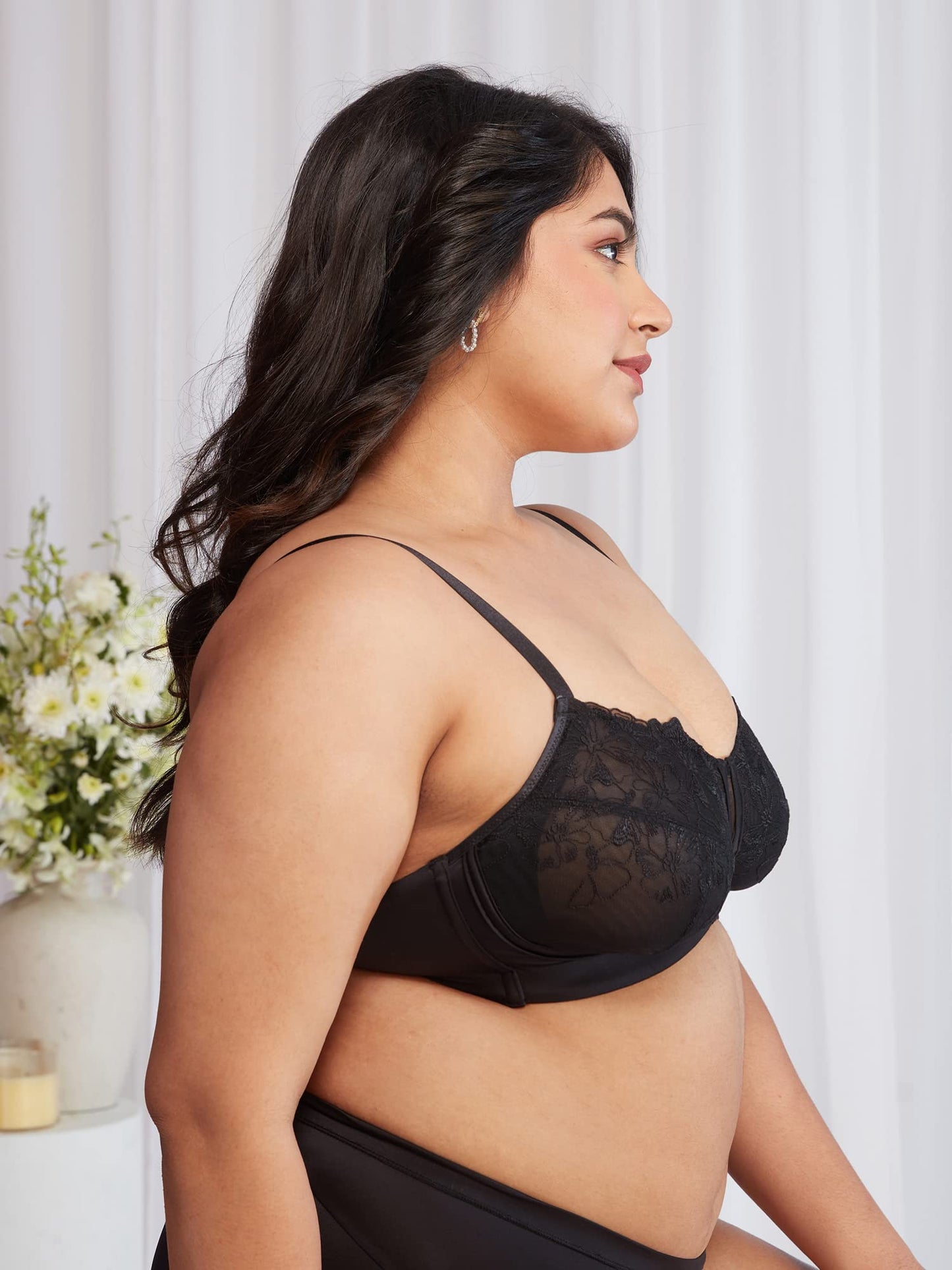 Nykd WomenS Floral Mesh Wirefree Non Padded Bra With Medium Coverage | Deatiled Lace | Bridal Collection - Bra, Nyb230, Black,
