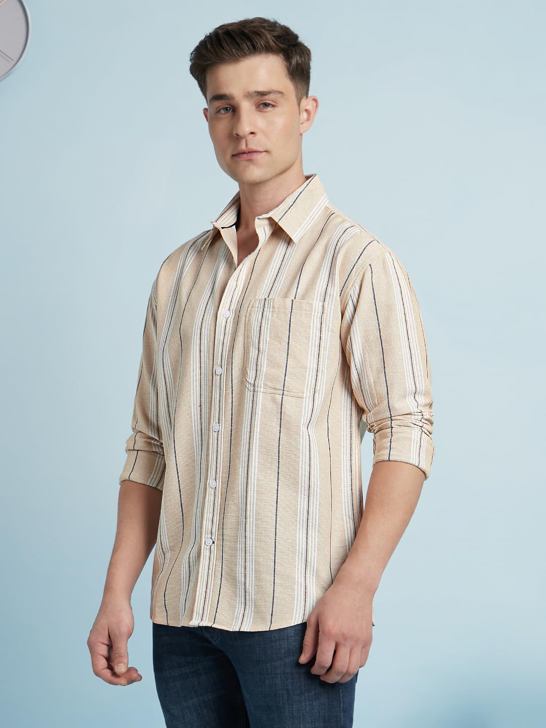 Dennis Lingo Men Cotton Regular Fit Striped Shirts Beige
