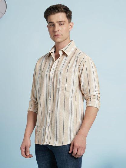 Dennis Lingo Men Cotton Regular Fit Striped Shirts Beige