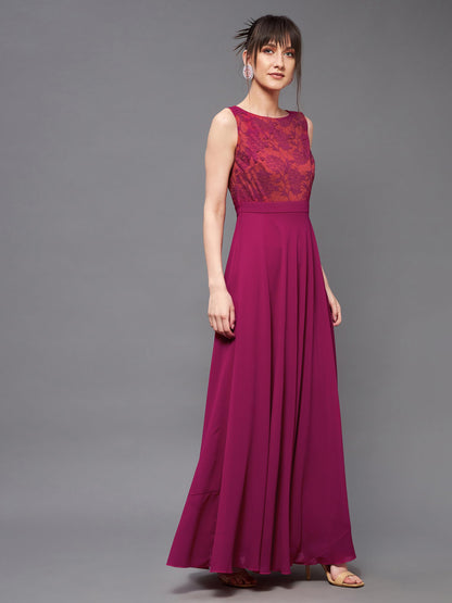 Miss Chase WomenS Round Neck Sleeveless Georgette Floral Lace Fit & Flare Maxi Dress Dark Pink