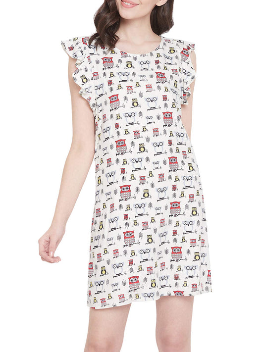 Clovia Womens Crepe Floral Knee Length Night Dress (NS1361P18M_White_M)
