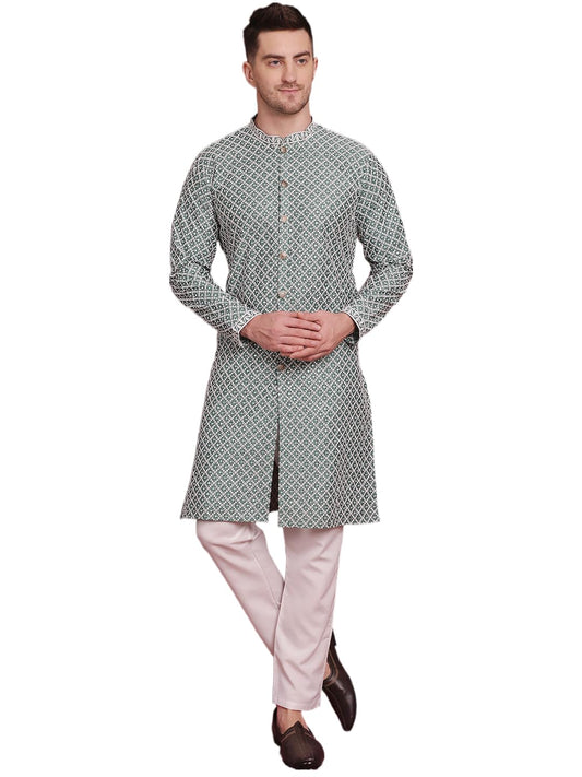 Jompers Mens Sequin Chikankari Front Open Kurta Pyjama Set