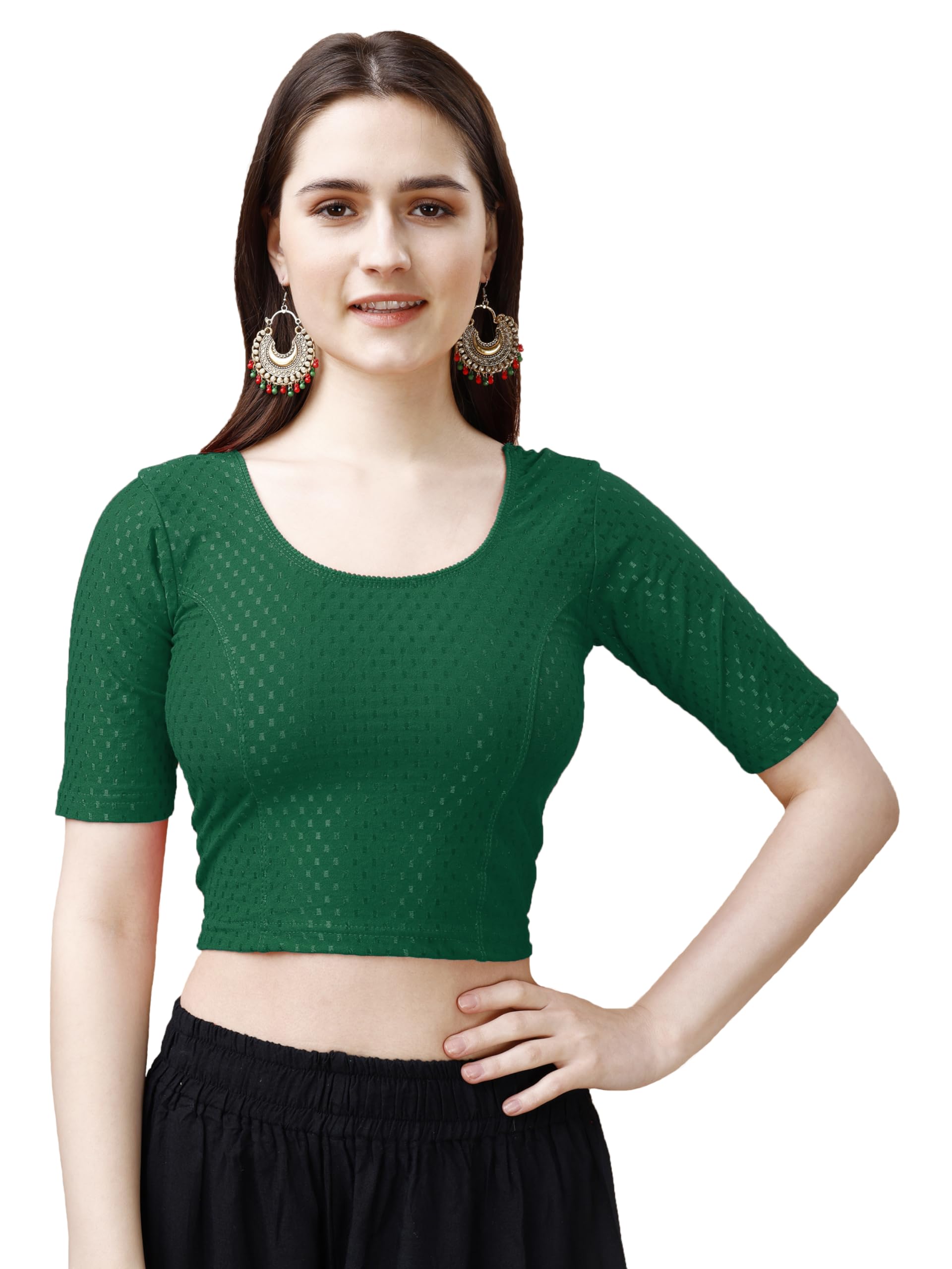 Pujia Mills WomenS Readymade Dobby Cotton Lycra Stretchable Round Neck Half Sleeve Blouse Fancy Green Color Lycra Stretchable B