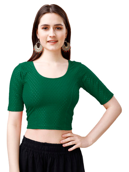 Pujia Mills WomenS Readymade Dobby Cotton Lycra Stretchable Round Neck Half Sleeve Blouse Fancy Green Color Lycra Stretchable B