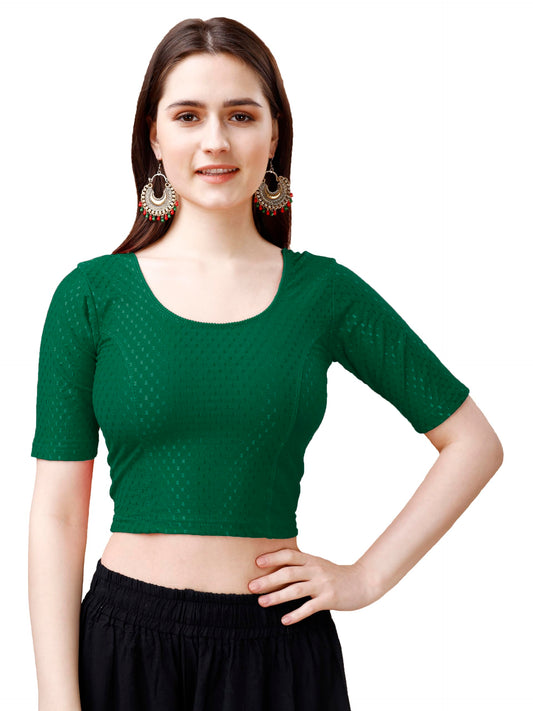 Pujia Mills WomenS Readymade Dobby Cotton Lycra Stretchable Round Neck Half Sleeve Blouse Fancy Green Color Lycra Stretchable B
