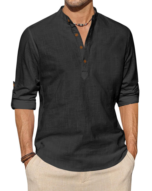 Zombom MenS Cotton Blend Solid Full Sleeve Short Kurta Shirt With Mandarin Collar Black