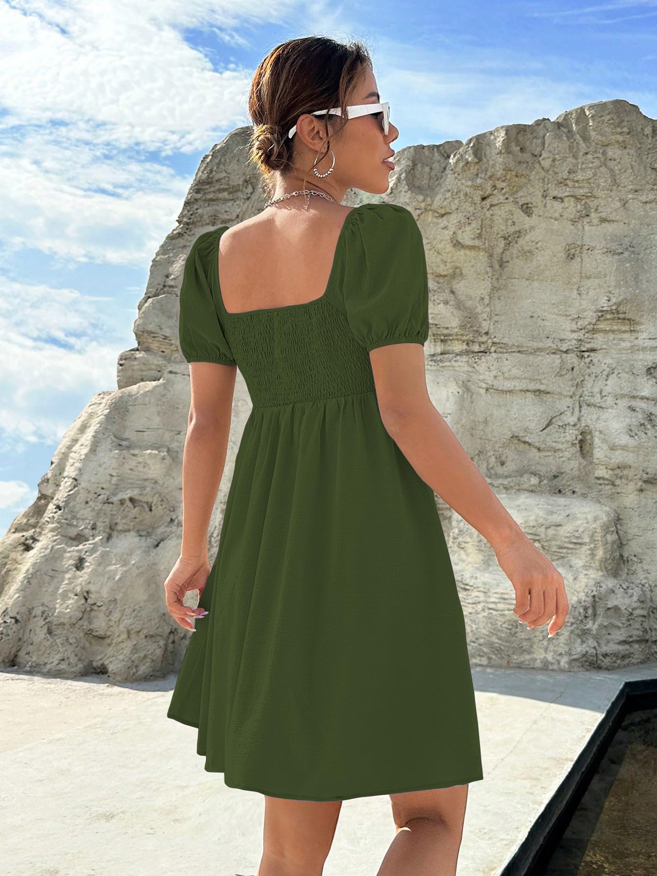 Shasmi WomenS & GirlS Dress For Women L One Piece Dress For Women L Beach Dress For Women, Solid Textured Puff Sleeve Square N