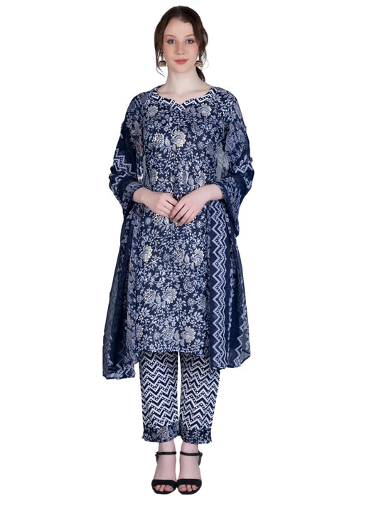 Leriya Fashion Women's Kurtis with Pant Set || Fully Stitched Cotton Floral Printed Kurti with Chevron Printed Bottom for Women || Regular || Festival Wear Kurti Bottom Set for Women