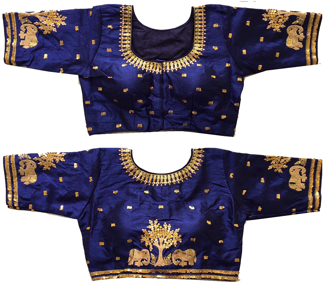 Pujia Mills WomenS Multicolor Phantom Silk Heavy Elephant Gold Thread Embroidery Sequins Zari Work Half Sleeves Readymade Saree