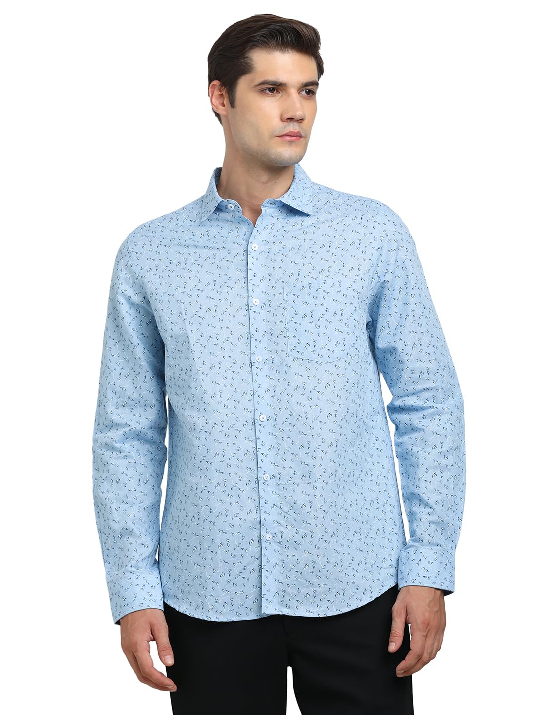Turtle Men Cotton Linen Blue Printed Slim Fit Full Sleeve Formal Shirt