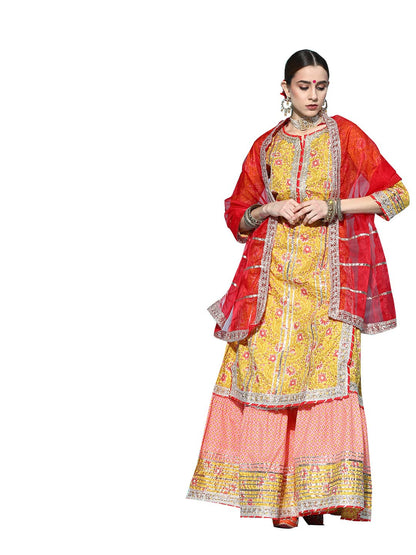 ishin Women's Yellow Gotta Patti Embroidered A-Line Kurta Set with Sharara and Dupatta