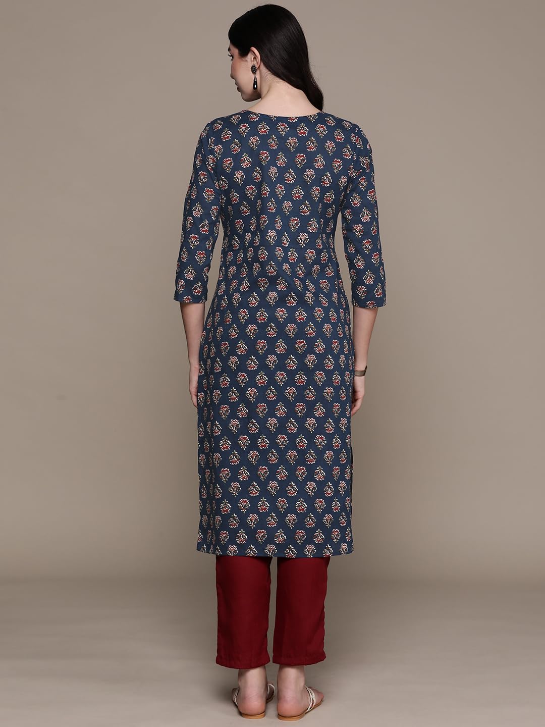 anubhutee Women's Cotton Floral Maroon Straight Kurta