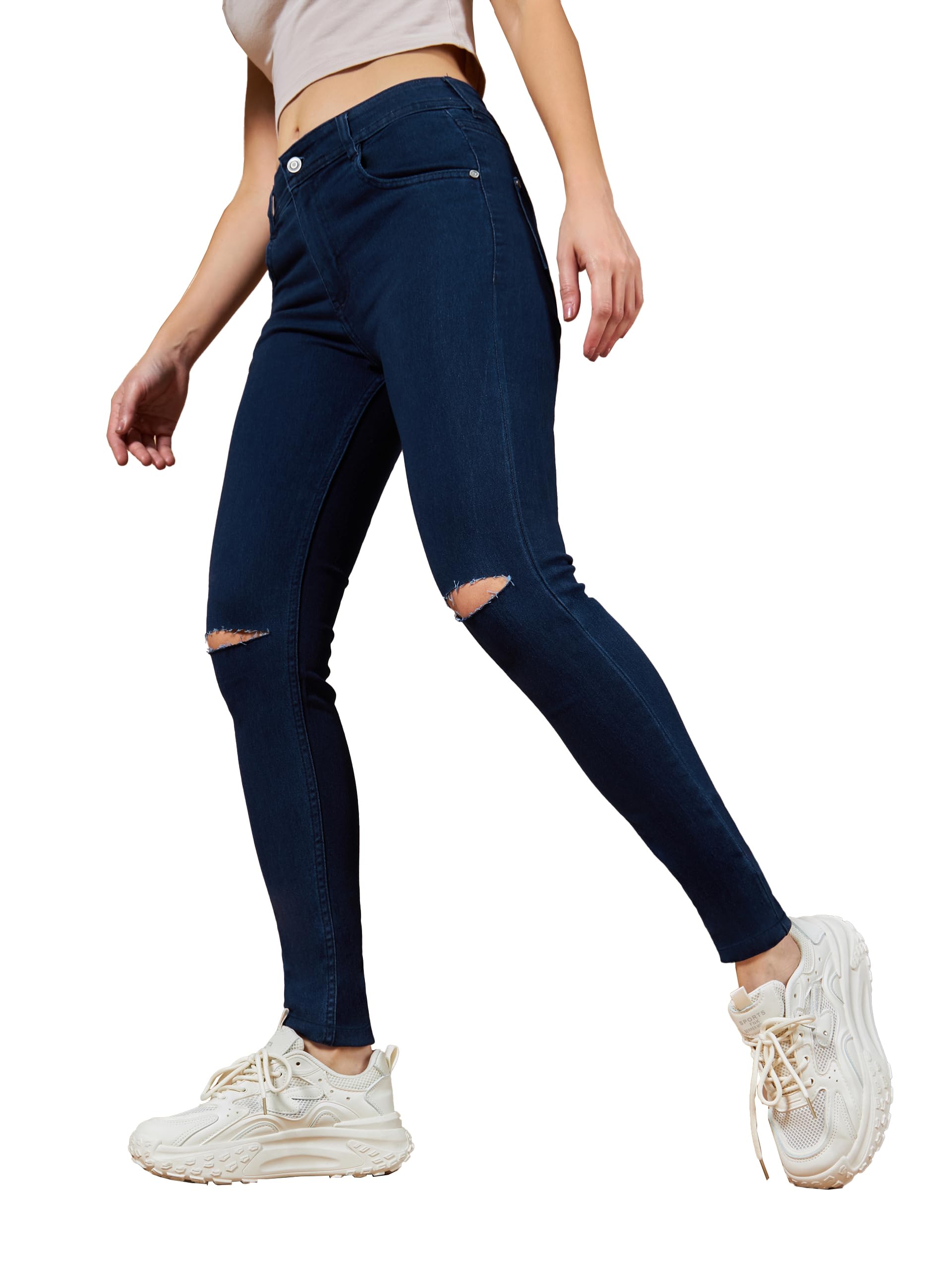 Dolce Crudo Womens Navy Blue Skinny Fit High Rise Regular Length Clean Look Knee Slit Denim Stretchable Jeans(DOSS18DEN02-37-71