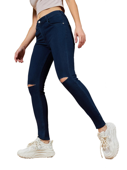 Dolce Crudo Womens Navy Blue Skinny Fit High Rise Regular Length Clean Look Knee Slit Denim Stretchable Jeans(DOSS18DEN02-37-71