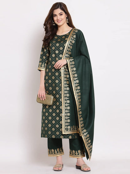 ANNI DESIGNER Women's Straight Cotton Kurta with Palazzo & Dupatta (NAVLIK-Dark GREEN-001_M_Dark Green_Medium)