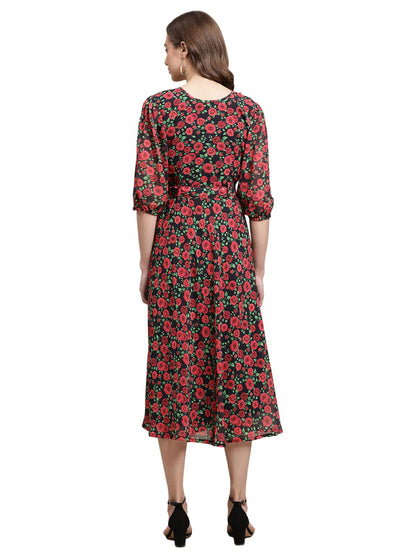 Preneum WomenS Maxi Fit & Flare Latest Style Print Georgette Regular Sleeves Casual Summer Maxi Dress || Festival & Occasion, R