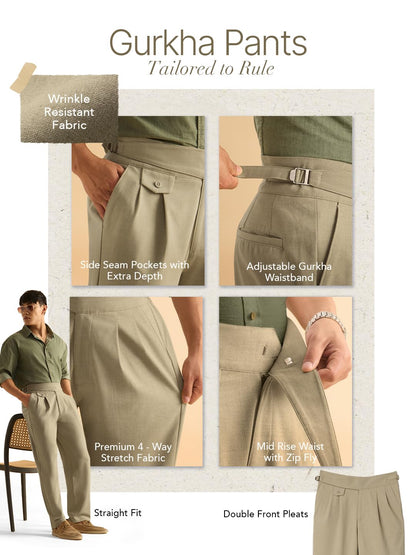 The Souled Store: Gurkha Pants Men and Boys Solid Polyester Blend Straight Fit Adjustable Waistband 4-Way Stretch Wrinkle Resist