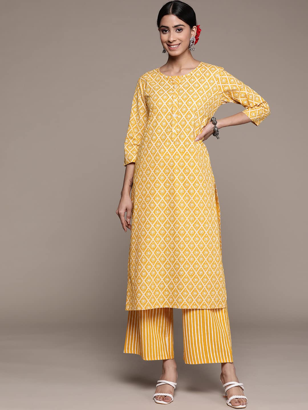 anubhutee Women's Cotton Mustard Ethnic Motifs Printed Straight Kurta Suit Set With Pants
