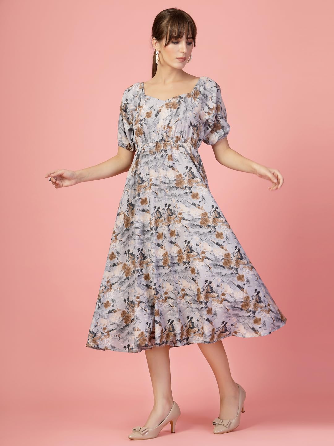 Oomph! Flared Dress For Women Stylish | Long One Piece For Women | Puff Sleeve Long Dress | Floral Print Maxi One Piece | Wester