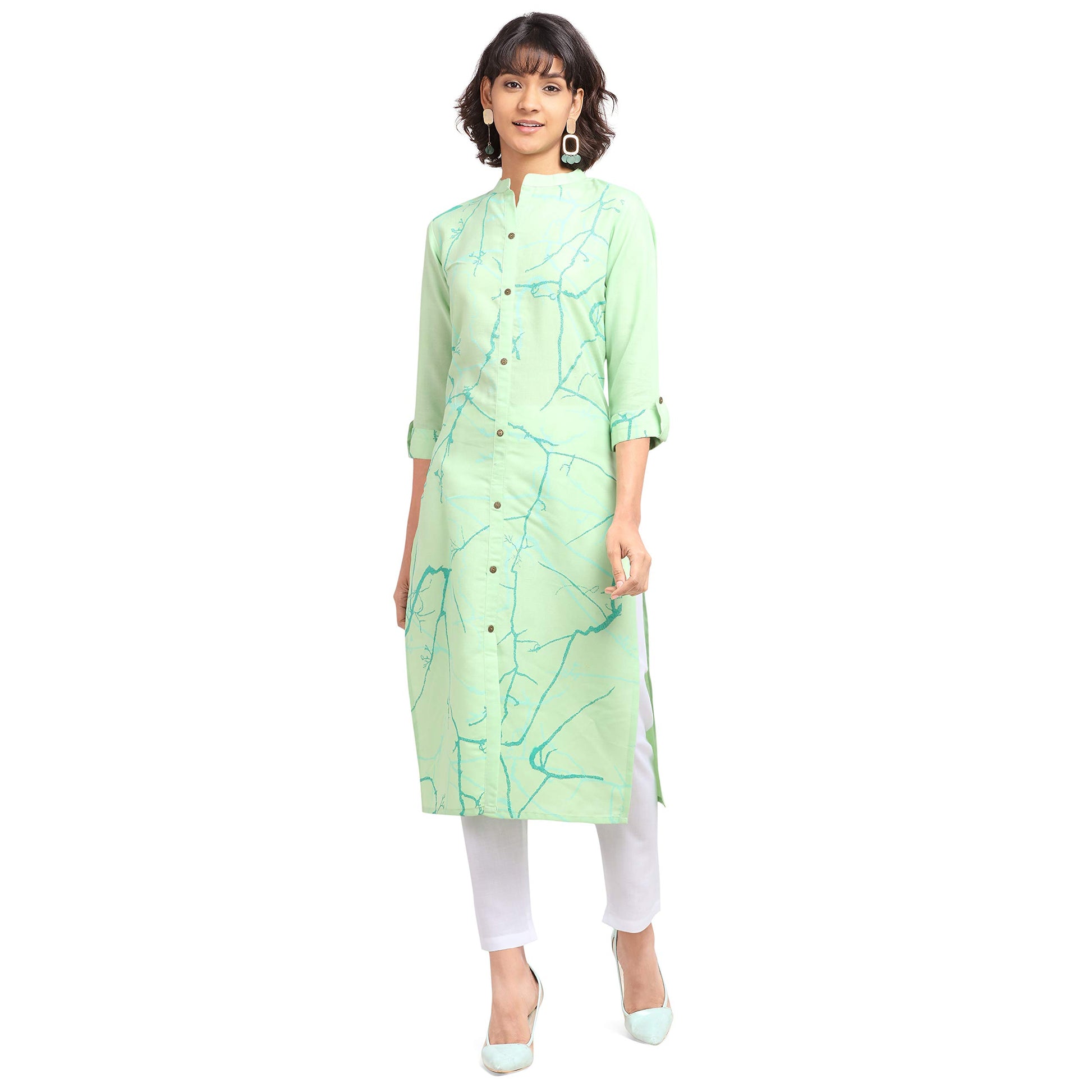 Nainvish Women'S Cotton Blend Straight Printed Kurti With Pant (Sd098-S_Green)