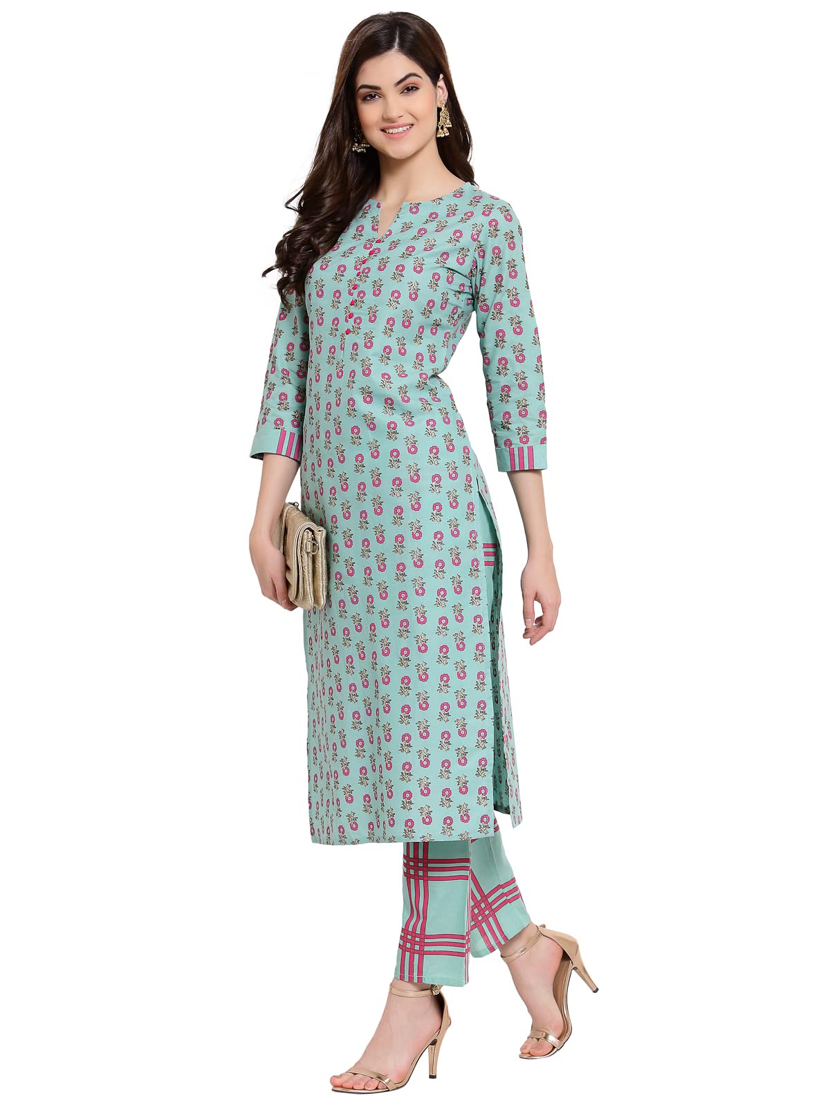 ANNI DESIGNER Women's Cotton Straight Kurta with Pant (KPT-COT-10029-SEA Green)