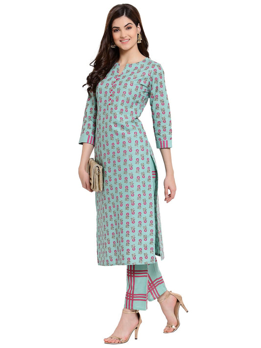ANNI DESIGNER Women's Cotton Straight Kurta with Pant (KPT-COT-10029-SEA Green)