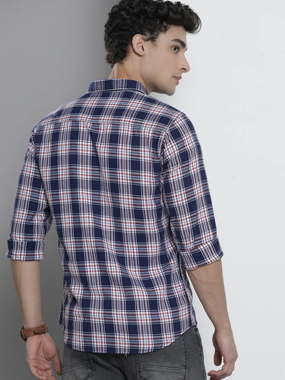 The Indian Garage Co Mens Navy & White Cotton Slim Fit Full Sleeve Checked Shirt